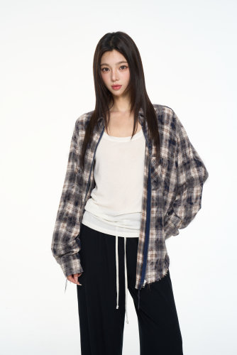 纯棉磨毛做旧格子宽松长袖衬衫
