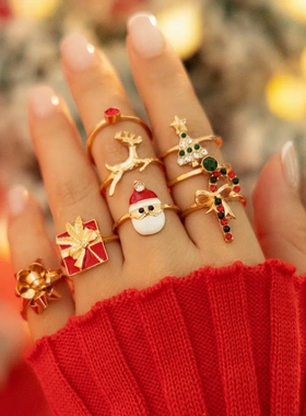 欧美圣诞节糖果麋鹿戒指套装 创意节日礼物圣诞老人指环ring