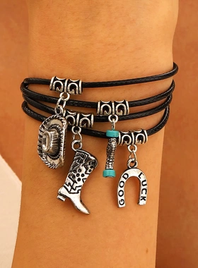 新款多层皮质靴子手链女 波西米亚民族风合金做旧牛仔帽手绳