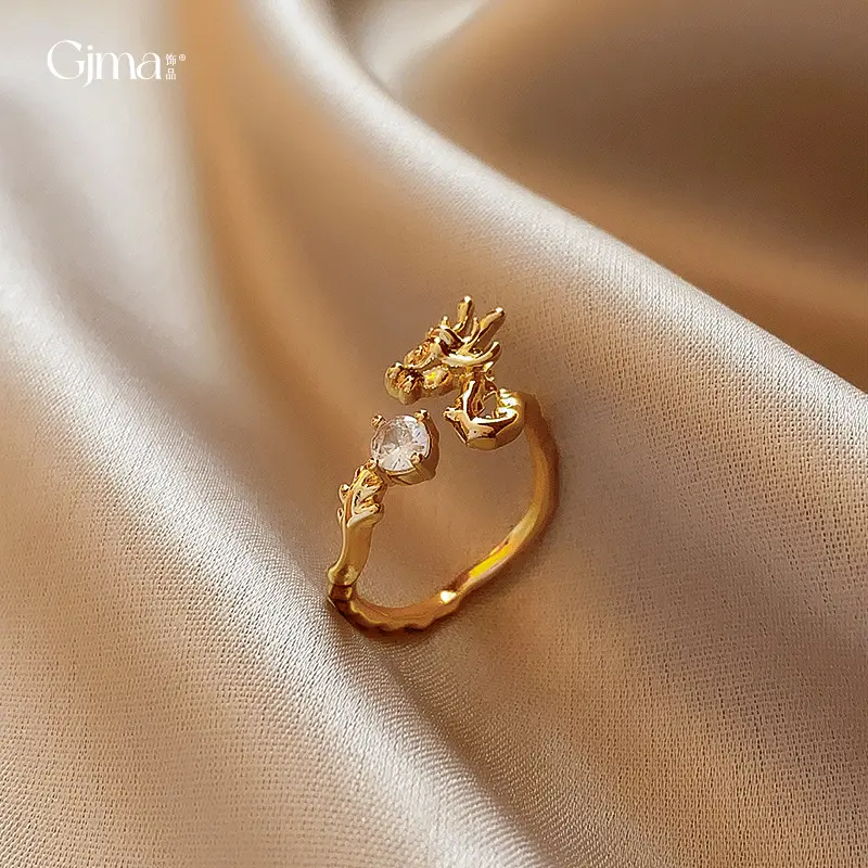 真金电镀锆石龙形戒指小众复古设计感食指戒国潮轻奢中手饰女