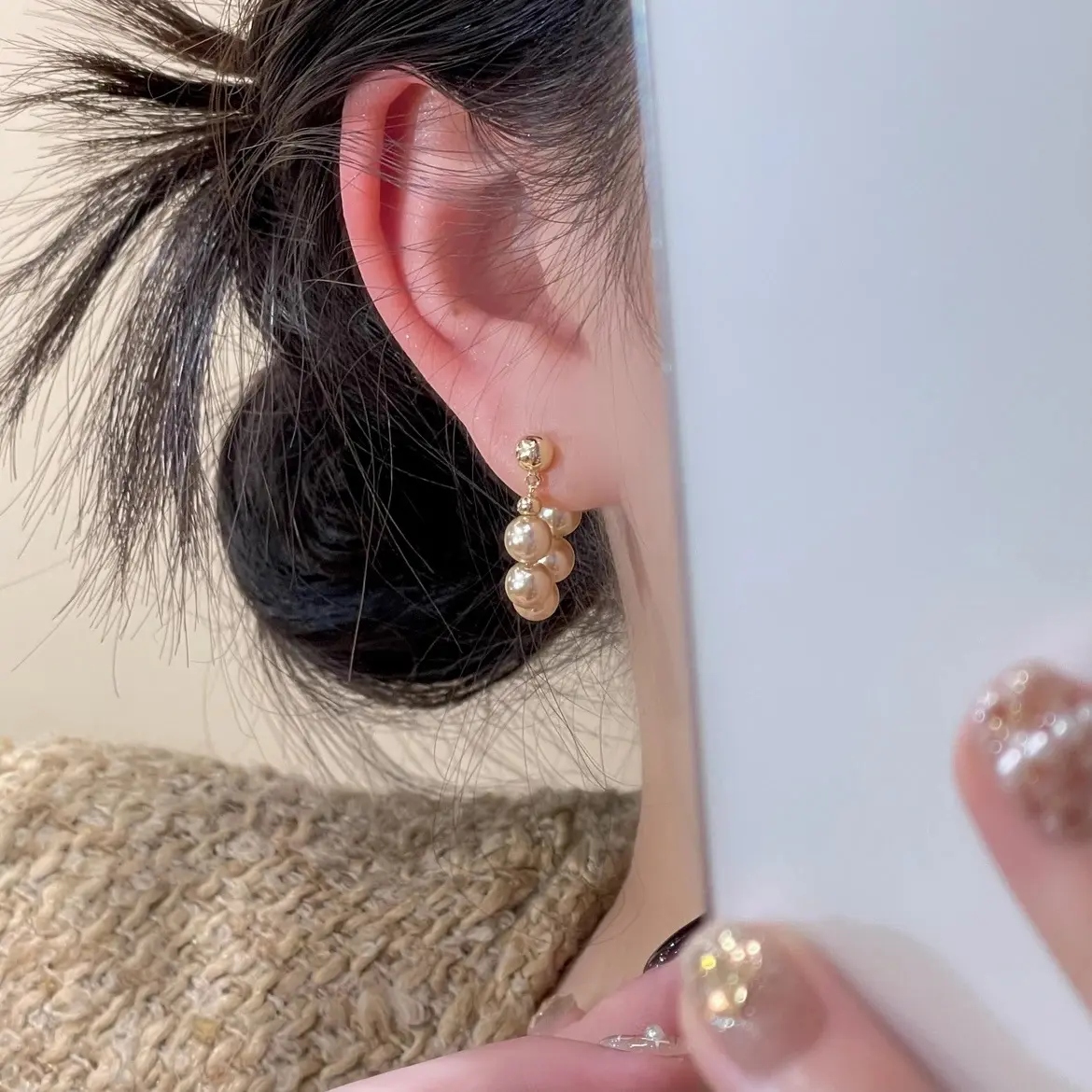 香槟珠珠拼接前后戴耳环轻奢质感时尚经典热卖耳钉女s925银针