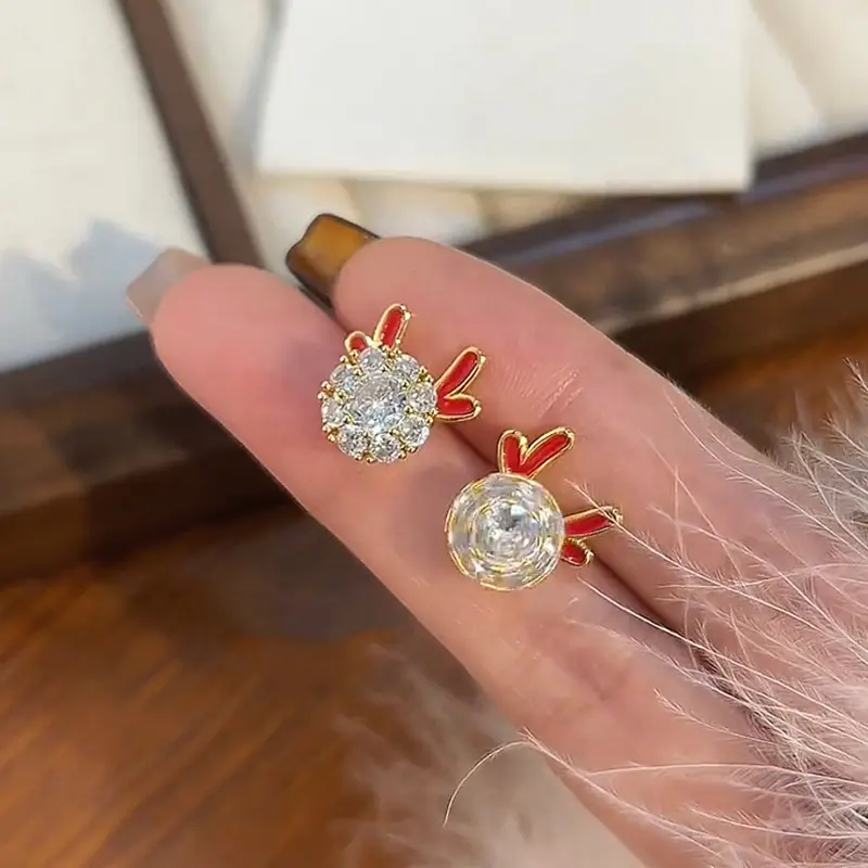 可旋转锆石红色本命年小龙耳钉女小众设计感高级感生肖龙耳环耳饰