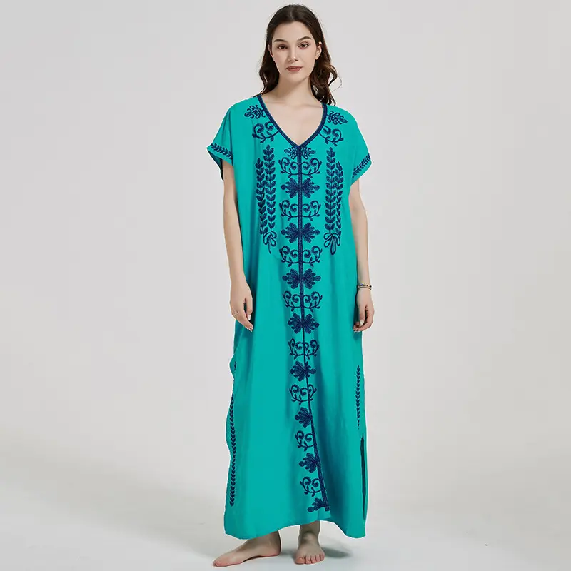 新款欧美风人棉绣花长袍沙滩外套防晒长裙度假比基尼罩衫泳衣外搭