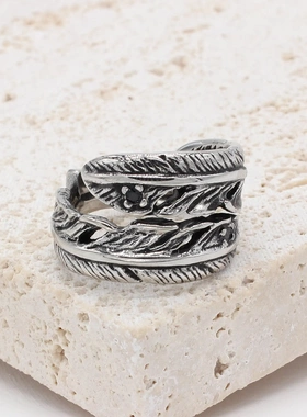 r1082 饰品 个性复古高桥羽毛男士钛钢戒指