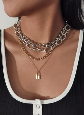 欧美饰品 朋克嘻哈多层粗链项饰女 复古个性混色链条锁形项链