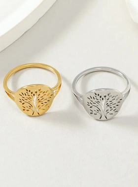 欧美热销不锈钢戒指个性潮流圆牌镂空生命之树戒指指环手饰品