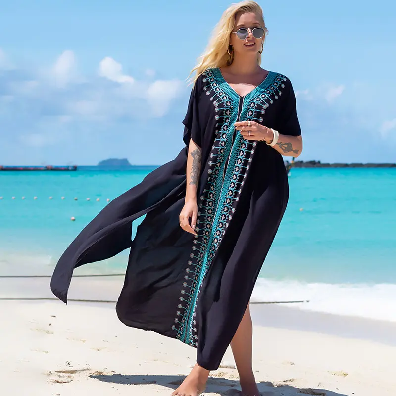 欧美新款黑色蓝绣花长袍防晒沙滩外套罩衫海边度假长裙