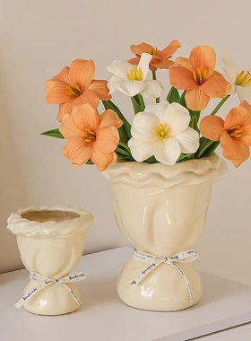 法式奶油风陶瓷花瓶高级感装饰仿真花干花插花瓶客厅餐桌摆件家用