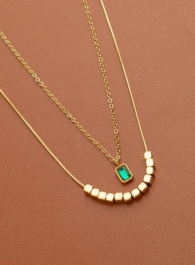 法式轻奢祖母绿方块项链女小众设计高级感双层叠戴气质钛钢锁骨链