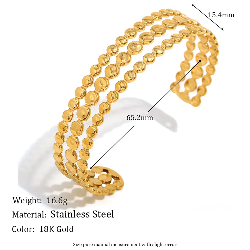 欧美时尚气质小众简约高级手饰不锈钢镀18k金个性三层圆片手镯女