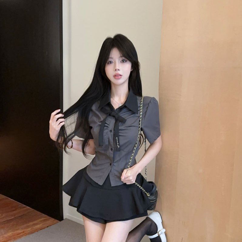 实拍实价 甜酷辣妹两件套学院风jk制服收腰衬衫高腰蓬蓬裤短裤裙