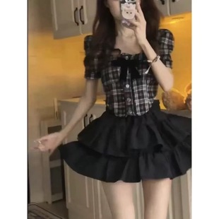 夏季 jk制服法式 复古黑白格纹方领衬衫 学院风收腰蛋糕短裙两件套装