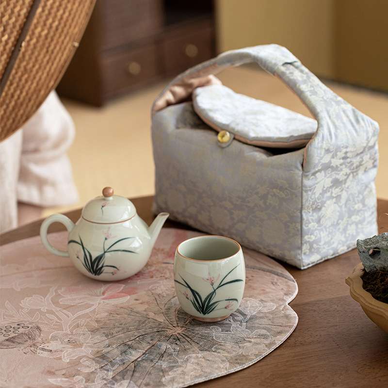 旅行茶具一壶一杯便携式套装茶壶复古便携快客功夫手绘墨兰新中式
