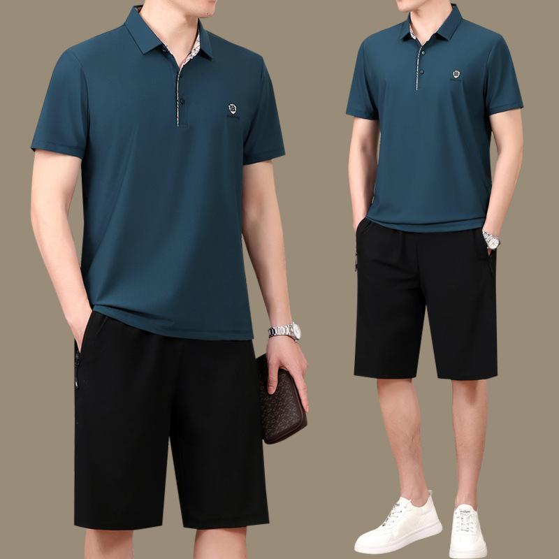 名牌特价中老年运动服套装男夏季爸爸装冰丝短袖短裤polo衫翻领时