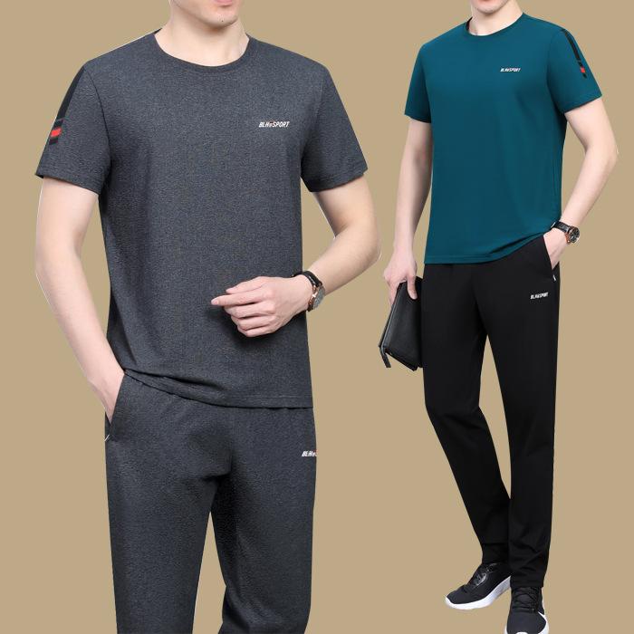 名牌特价中老年夏季短袖长裤运动套装大码男士跑步休闲运动服爸爸