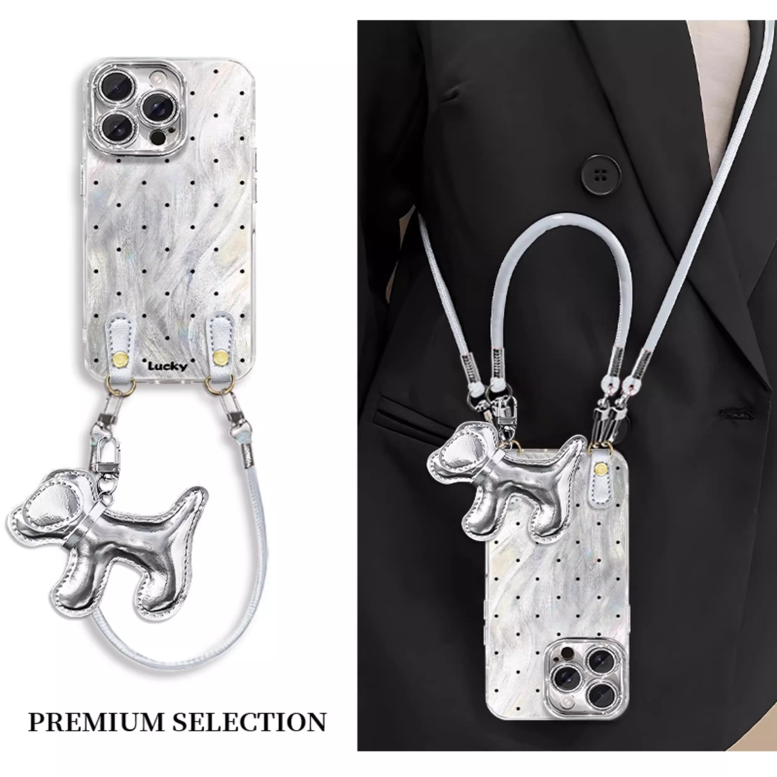 适用iPhone17手机壳苹果16promax幸运波点15全包镜头膜14plus短挂绳13小狗挂件12斜跨挂绳11高级感8/7简约6s