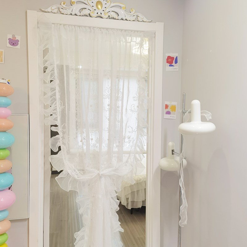 法式洛可可珍珠纱门帘隔断帘荷叶边木耳蕾丝客厅卧室阳台飘窗帘纱