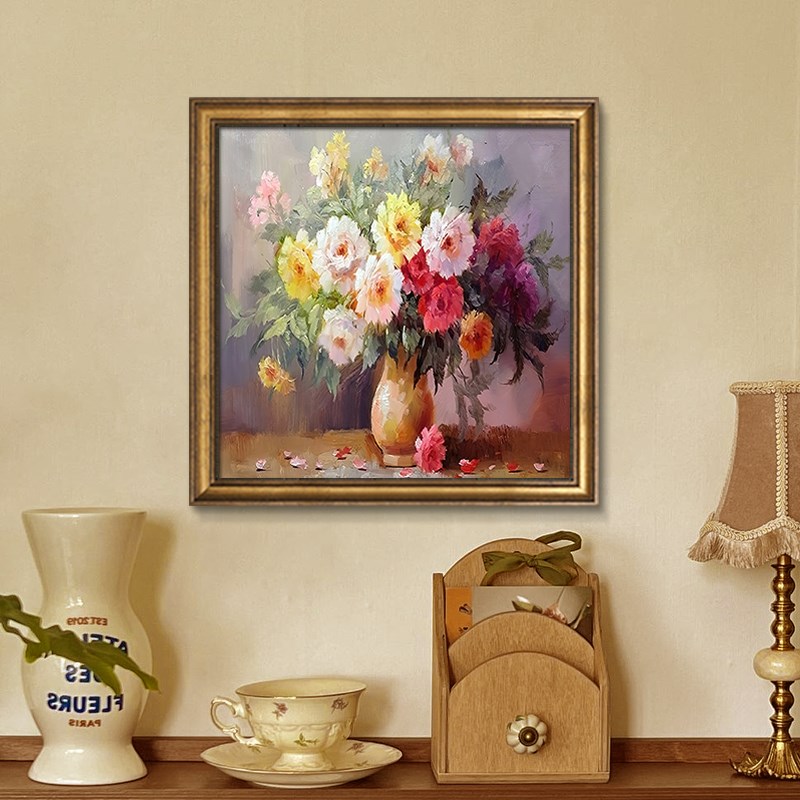 牡丹花卉手绘油画美式餐厅挂画花开富贵玄关装饰画卧室复古壁画图片