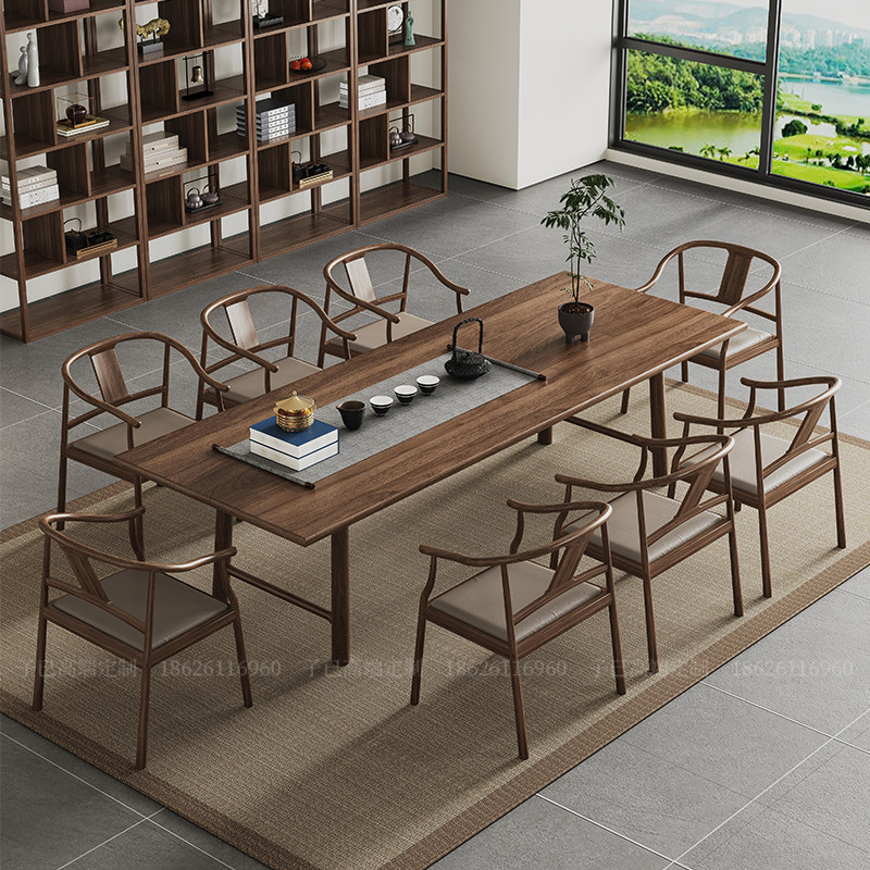 新中式黑胡桃木实木茶桌泡茶台长方书桌禅意简约茶室大尺寸会议桌