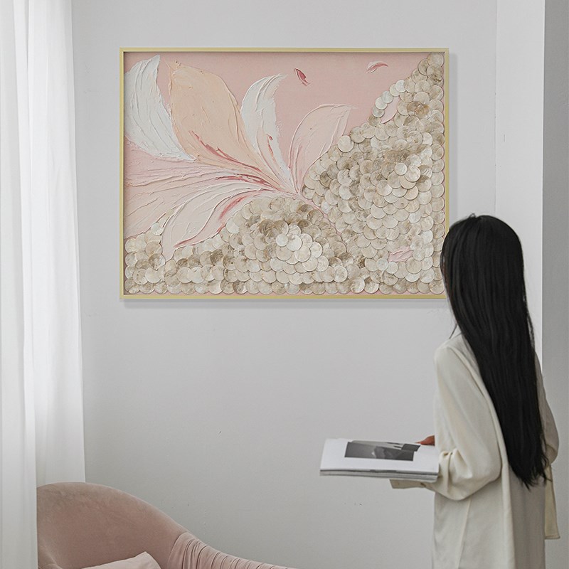 法式田园风贝壳装饰画手绘花卉艺术油画客厅定制三联挂画家居壁饰图片