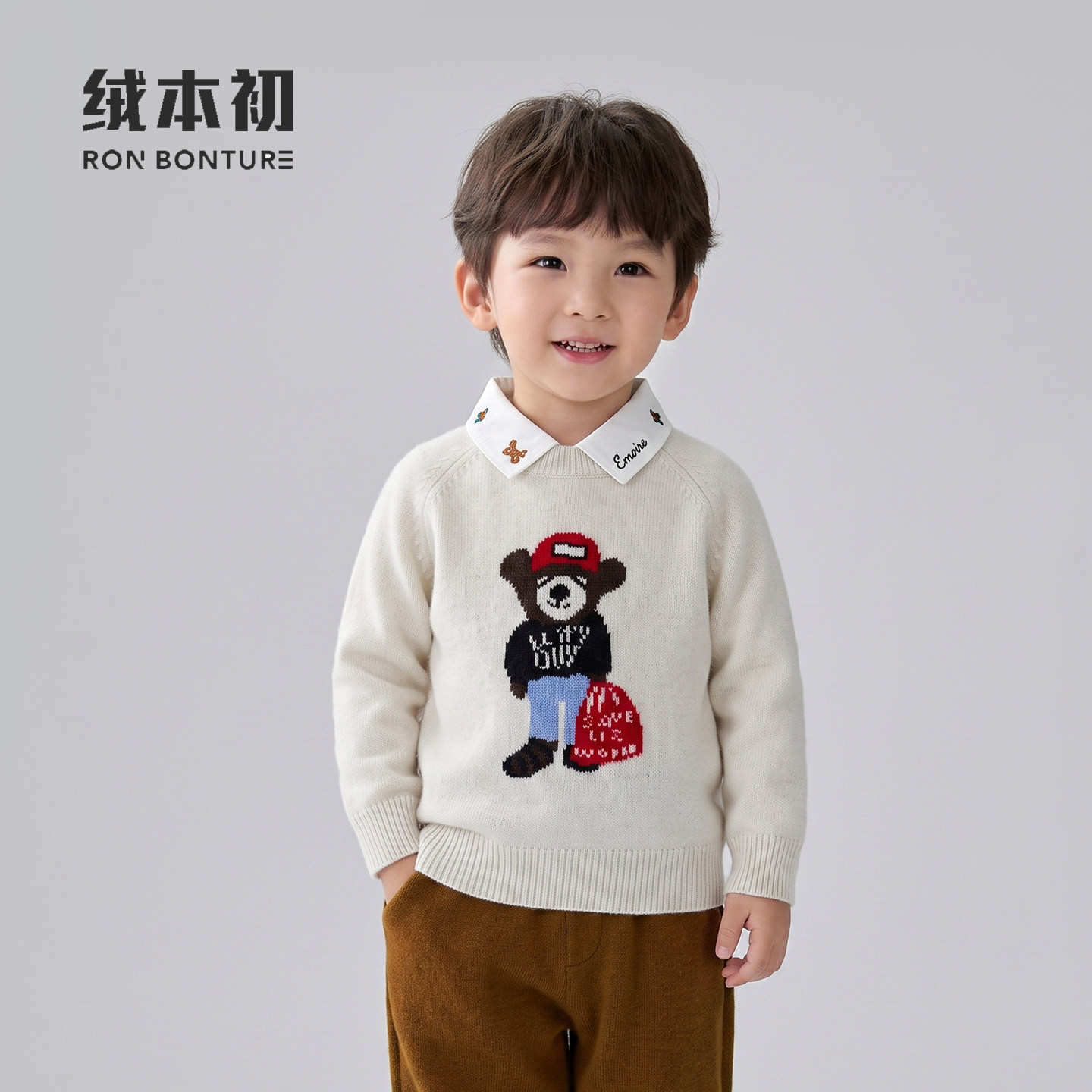 【绒本初】秋冬卡通儿童毛衣厚圆领套头打底小熊针织衫厚卡通小熊