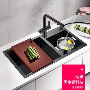黑色洗碗池大阿萨斯家用双槽4厨房手工纳米台下不锈钢水槽30加厚