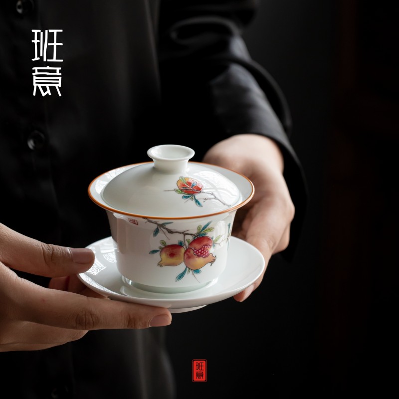 白瓷盖碗茶杯单个茶碗陶瓷三才碗功夫茶具三才盖碗套装敬茶碗小号