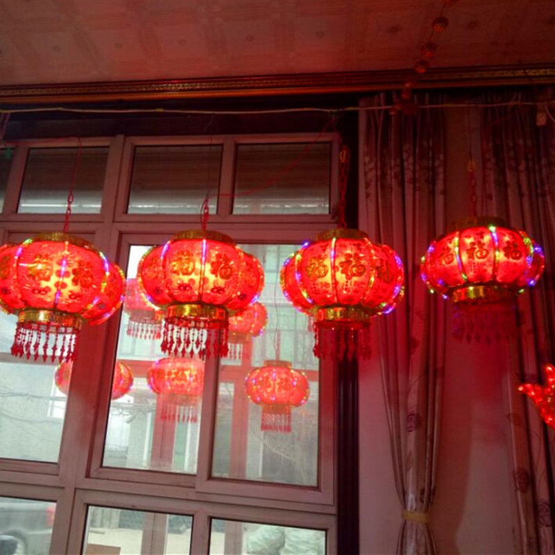 新款春节LED吊灯灯阳台七彩旋转水晶结婚灯笼大红福字走马灯笼