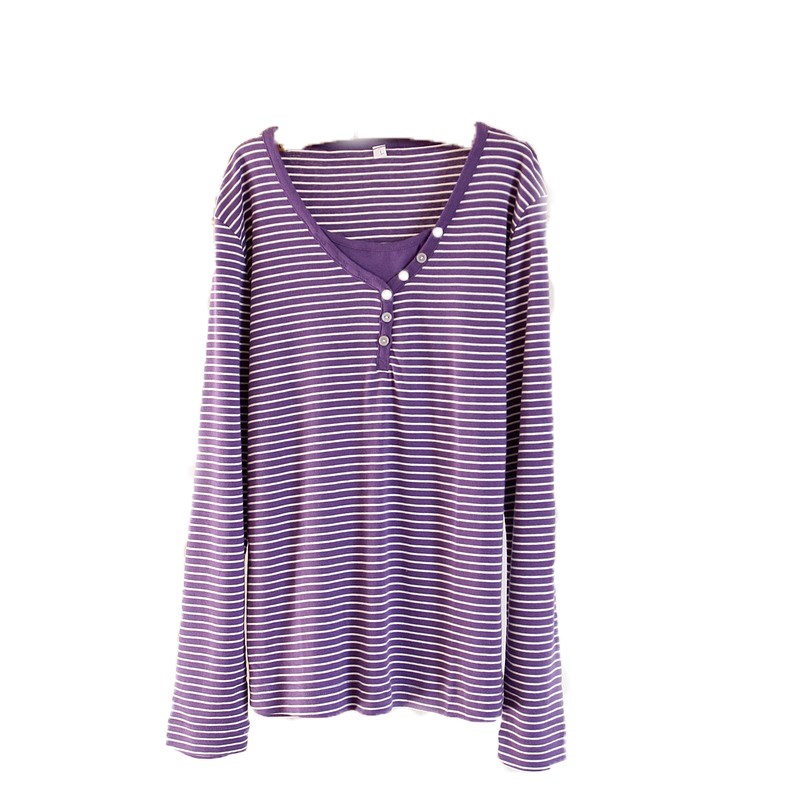 春夏装新款小衫女装纯棉V领条纹纽扣长袖T恤女打底衫大码女生