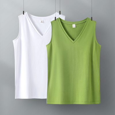 牛油果绿色v领无袖t恤女夏季外穿大码纯棉小背心打底内搭上衣新款