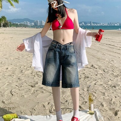 复古低腰牛仔短裤女春夏薄款2024年新款宽松显瘦阔腿直筒五分裤子
