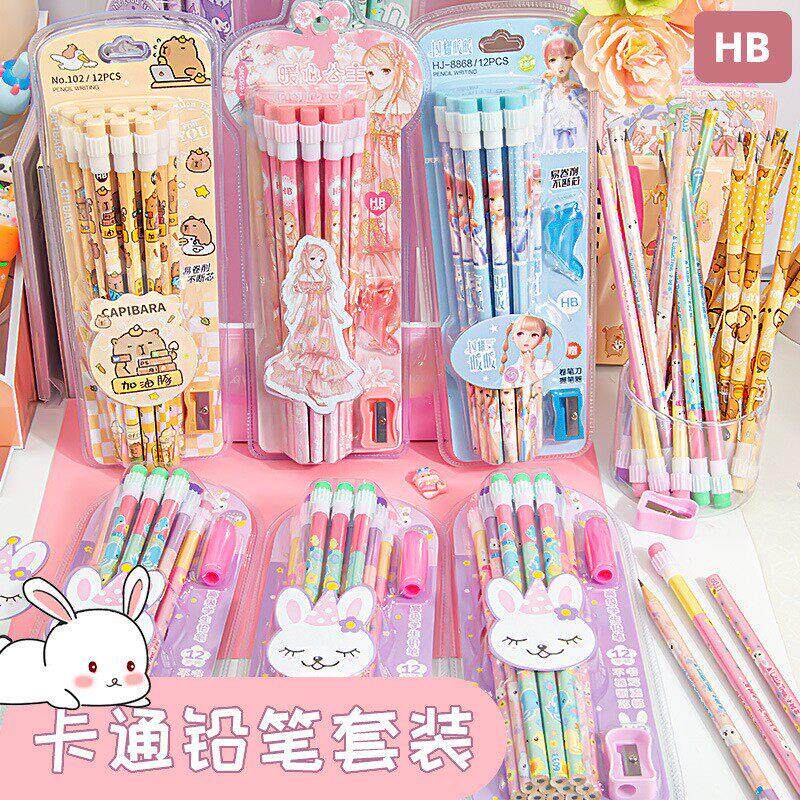 儿童卡通铅笔带橡皮擦头圆杆六角HB小学生专用幼儿园大橡皮头写字