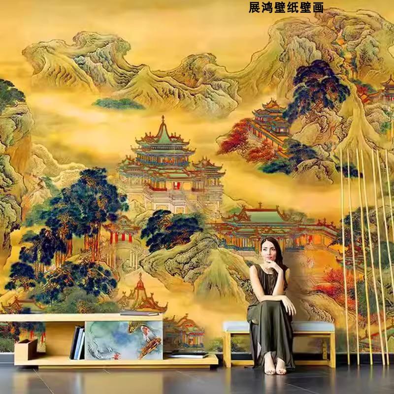 蓬莱仙境图佛堂壁纸新中式国风山水画背景墙仙家堂口饭店包厢壁布
