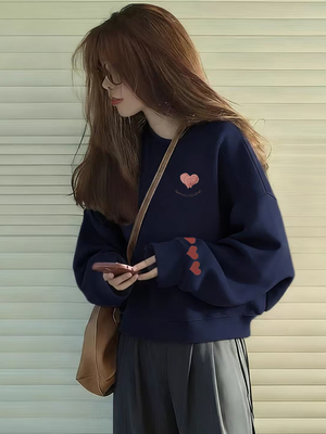 慵懒风小个子短款圆领卫衣女加绒加厚显瘦休闲内搭秋冬新款上衣潮