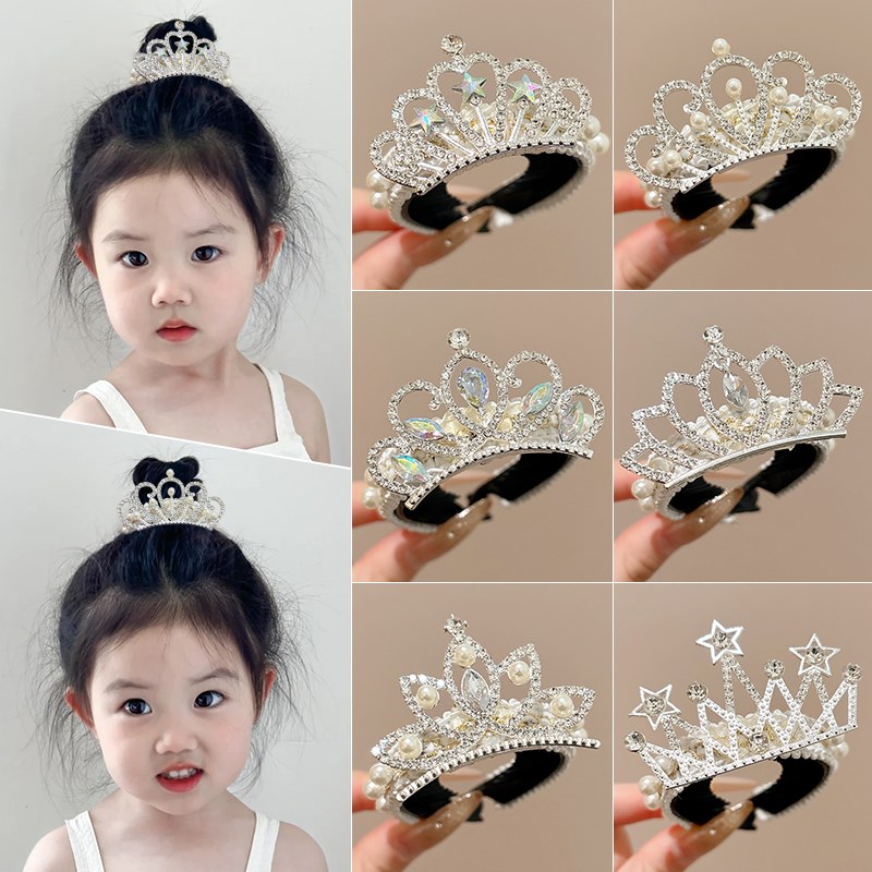 儿童丸子头珍珠皇冠发夹女童生日发扣公主头发卡小女孩马尾扣发饰