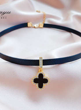 高品质微镶闪钻黑色四叶花项链女短款颈带锁骨链气质简约百搭配饰