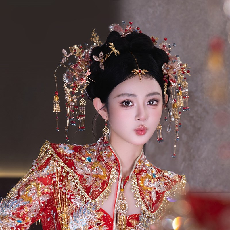 中式婚礼手工造液花浅色系凤钗古装发饰复古汉服新娘传统头饰套装