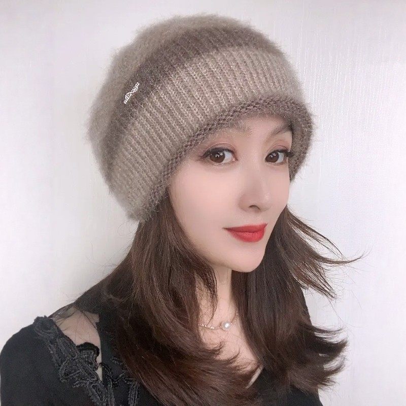 松鼠绒双层针织时尚百搭冬季堆堆帽女士编织韩版保暖帽秋冬帽子女