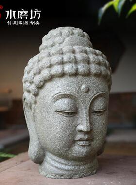 水磨坊新中式家居禅意仿石佛头佛首人物雕塑客厅玄关沙弥装饰摆件
