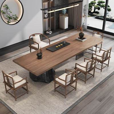 石头办茶公室实木HVF桌椅组合店茶台侘寂风泡茶桌一桌五酒圆椅桌