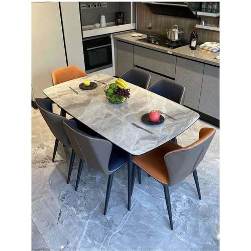 岩板餐约桌椅组合家用小户现代简轻奢ABJ北型欧长饭方形亮光面吃