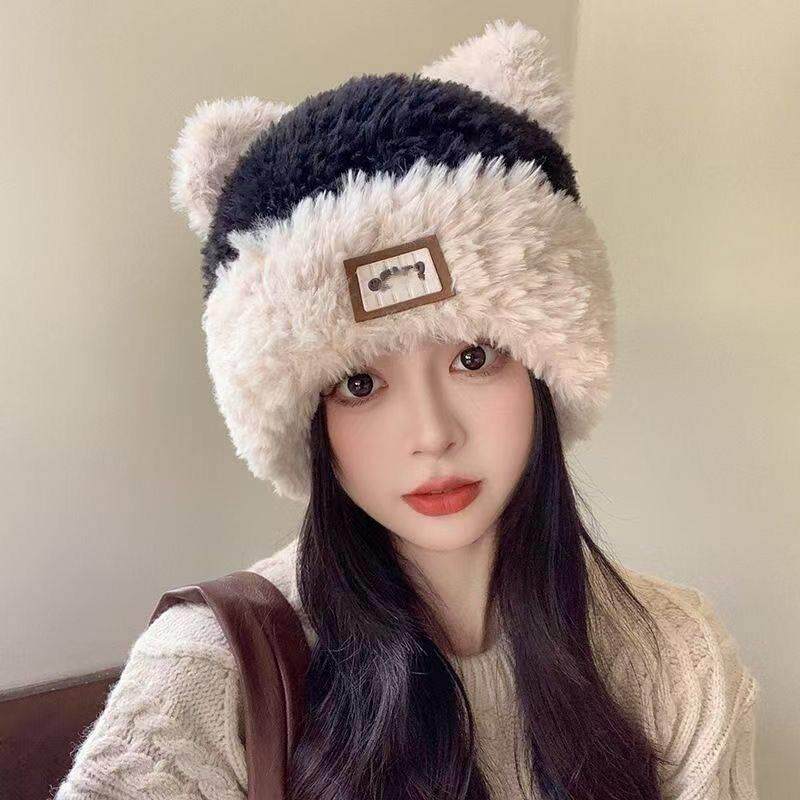可爱猫耳护朵针织帽女冬RWQ天保寒暖毛绒防帽松子冬季加绒耳宽毛 - 实物图