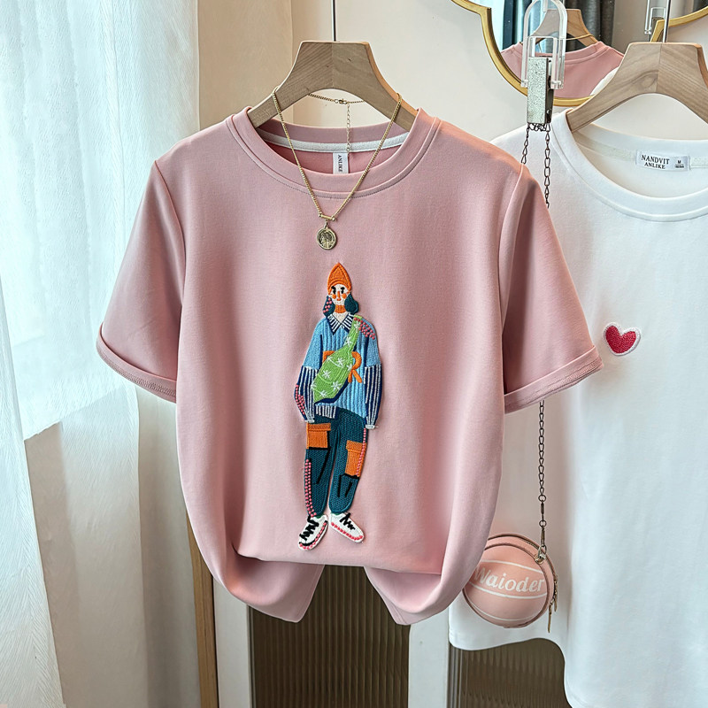 320g新款秋冬粉色加厚磨毛T恤女短袖宽松上衣圆领重磅韩版打底衫