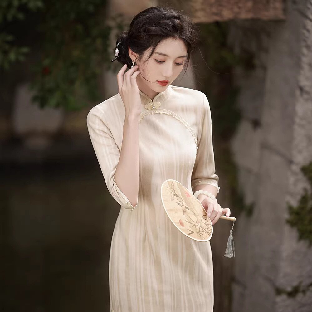 2026新款红眸秋冬麂皮绒旗袍连衣裙七分袖长款改良雪花绒修身旗袍