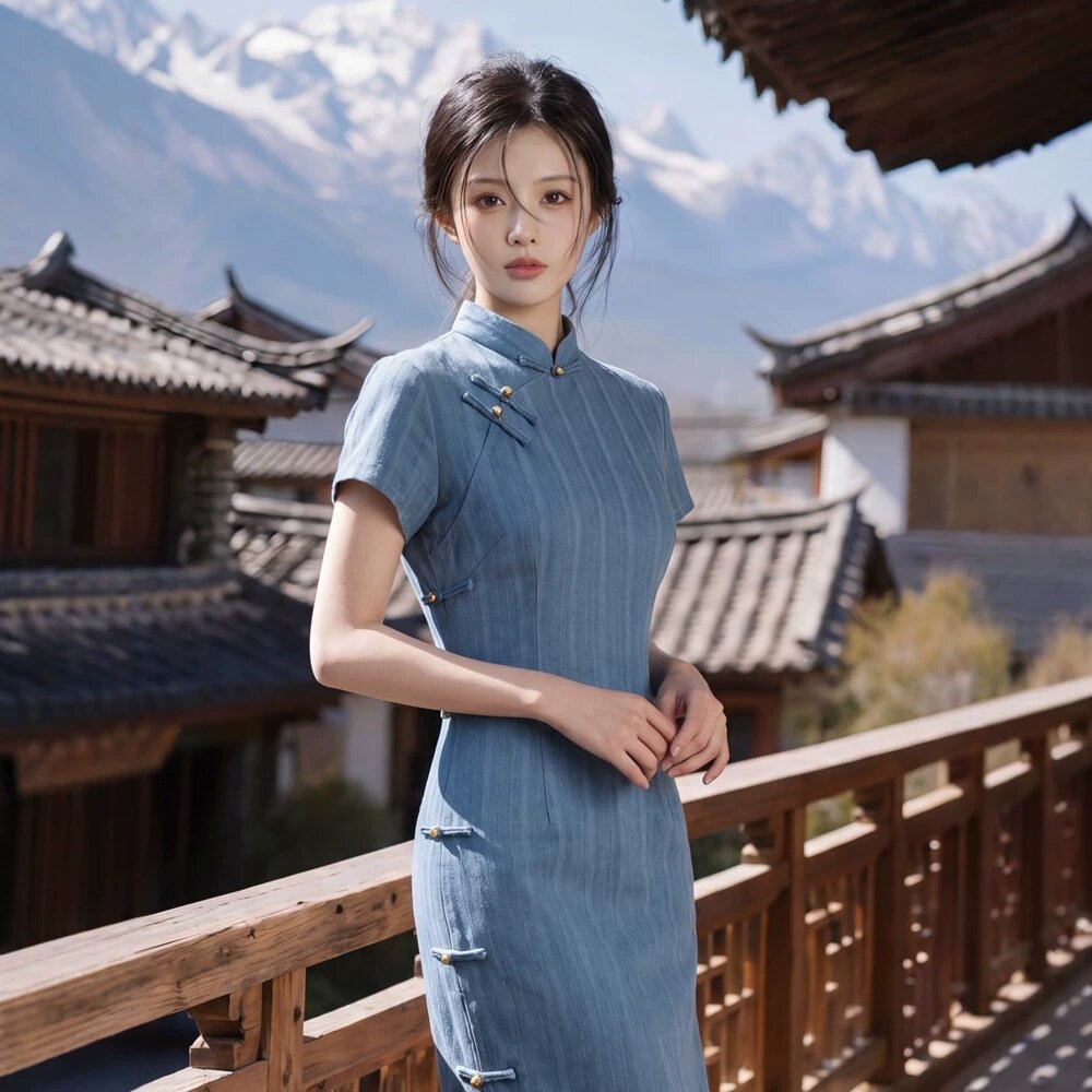 2026新款贝之韵蓝色改良提花夏长款旗袍女夏短袖年轻款上班穿
