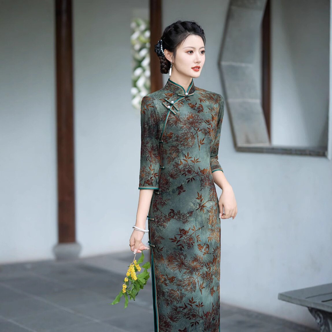 2026新款旗袍扎染植绒提花双层弹力流行气质优雅复古淑女日常高品