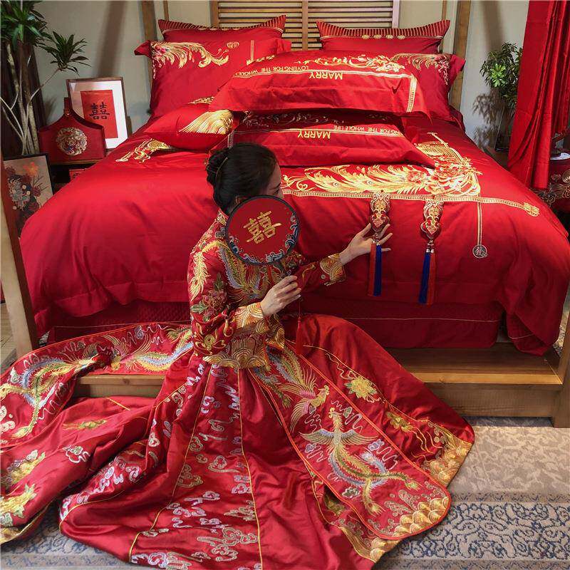 结婚季丨喜庆中式婚庆四件套全棉贡缎提花多件套大红色一生守候