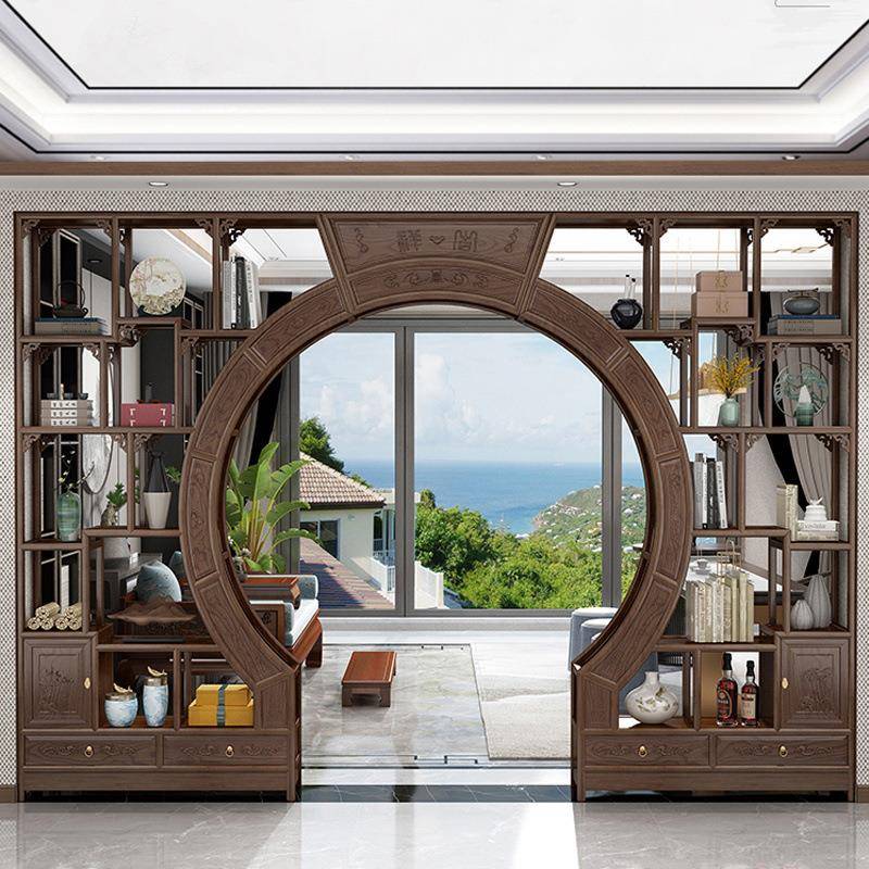 中式实木月洞门博古架多宝阁弧形圆门月亮门客厅隔断菠萝格木家具