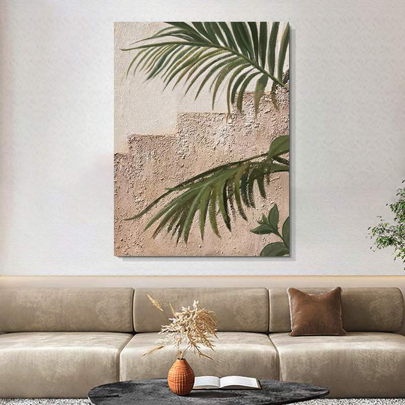 纯手绘丙烯肌理感油画极简侘寂风客厅装饰画绿植立体抽象玄关挂画图片