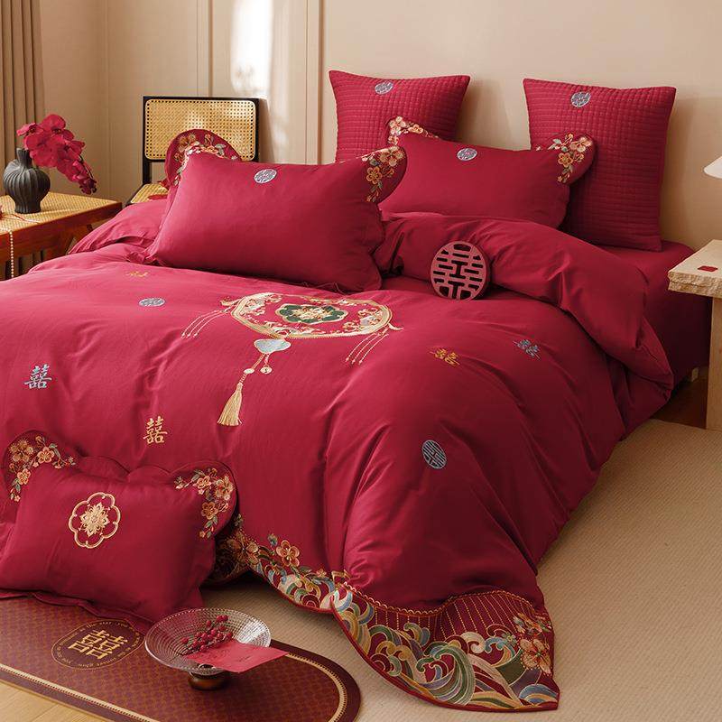 新中式轻奢刺绣花结婚庆全棉四件套100S纯棉红陪嫁床上喜被套床单